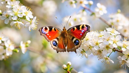 Obraz premium Peacock butterfly aglais io flying from white blossom