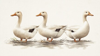 Obraz premium Three white ducks walking in a serene, natural setting.