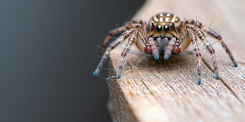 Jumping Spider on Wooden Surface with Web   Close Up Macro Photography
