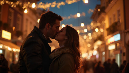 Couple kissing under festive lights in the evening.