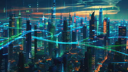 Fototapeta premium Cybernetic Skyline of Tomorrow: A Futuristic Tech-Integrated City