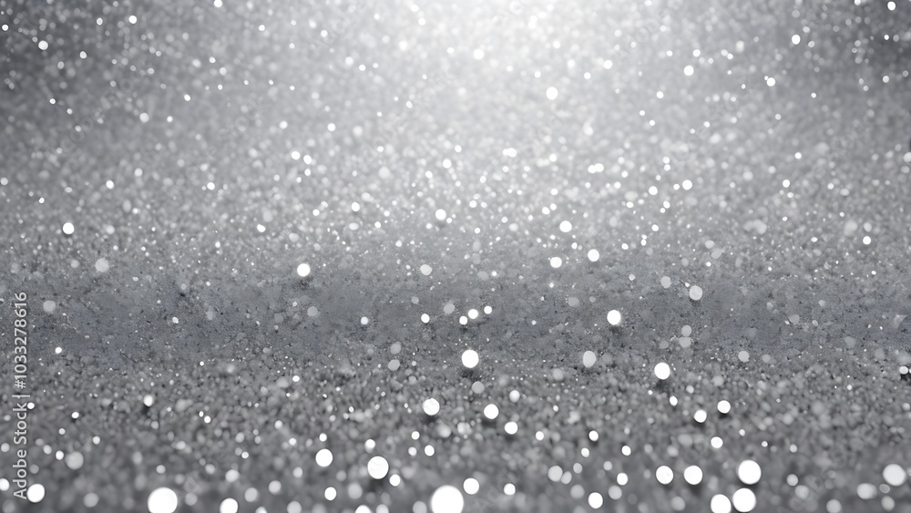 Poster high resolution abstract photograph featuring a shimmering, glittery surface with a focus on texture and light, capturing a wide expanse of sparkling particles that appear to be silver or metallic 