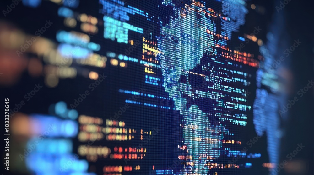 Poster digital world map constructed of bright blue pixels on a dark screen