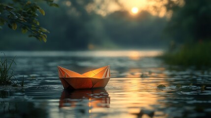 A glowing paper boat floats on a tranquil river at sunset.
