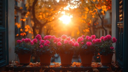 A sunlit window with vibrant flowers and autumn foliage outside.