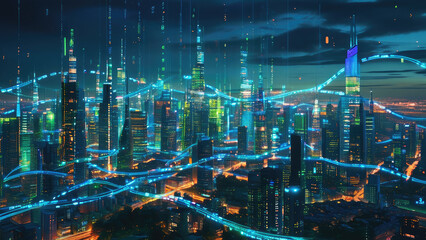 Fototapeta premium Cybernetic Skyline of Tomorrow: A Futuristic Tech-Integrated City