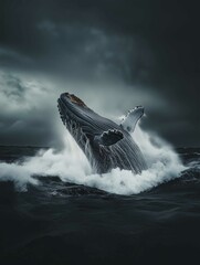 Fototapeta premium A giant whale breaching in the open ocean, water cascading down its body 