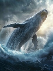 Obraz premium A giant whale breaching in the open ocean, water cascading down its body 