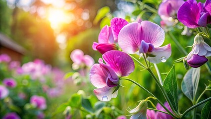 Sun-kissed blossoms, a delicate dance of pink and white petals,  a single dewdrop glistening on a vibrant green leaf, a backdrop of soft sunlight and blurred foliage.