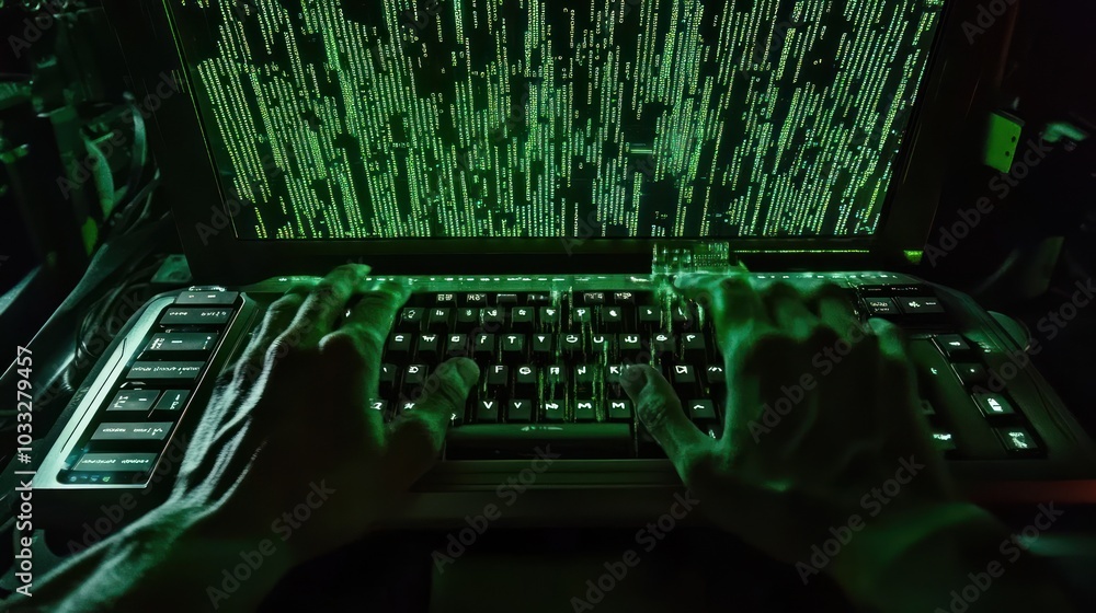 Poster Hands Typing on a Keyboard with Green Code Displayed on the Screen