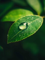 A raindrop on a leaf is captured up close
