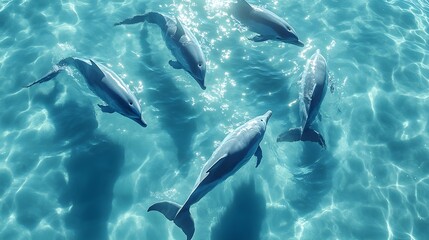 Fototapeta premium A group of vibrant dolphins swimming together, captured in a close-up overhead shot, their fluid movements creating playful ripples in the clear blue ocean, Realistic, Bright Tones
