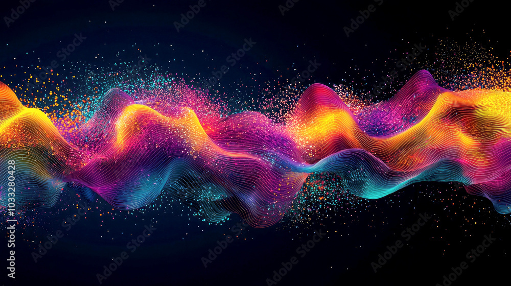 Poster abstract colorful wave design with vibrant particles and fluid shapes.