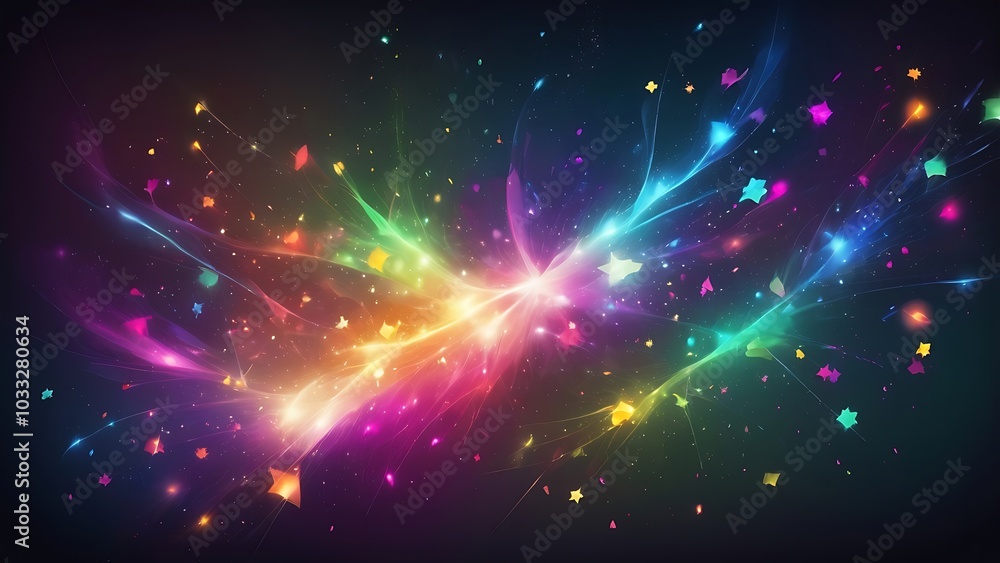 Poster digital abstract artwork featuring a vibrant explosion of multicolored bokeh lights against a dark b