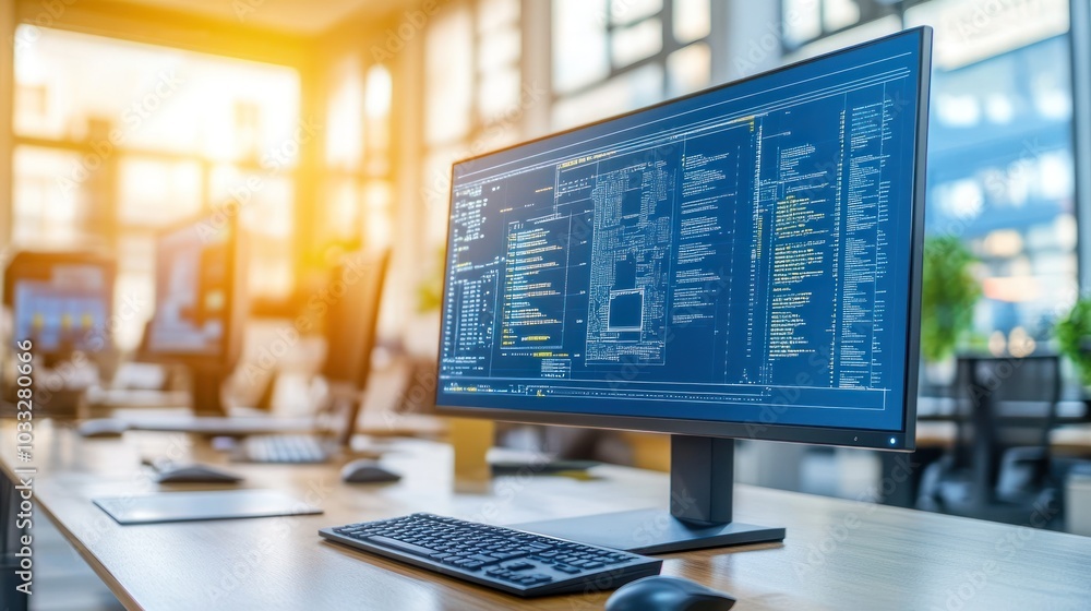 Poster Modern Office Workspace with Computer Display Showing Code