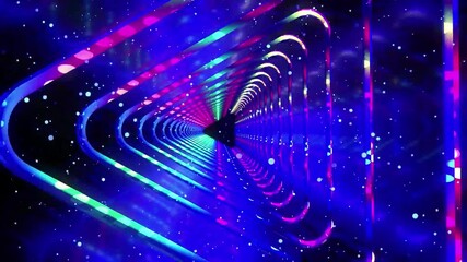 Abstract colorful neon light tunnel with glowing lines and particles in dark background.