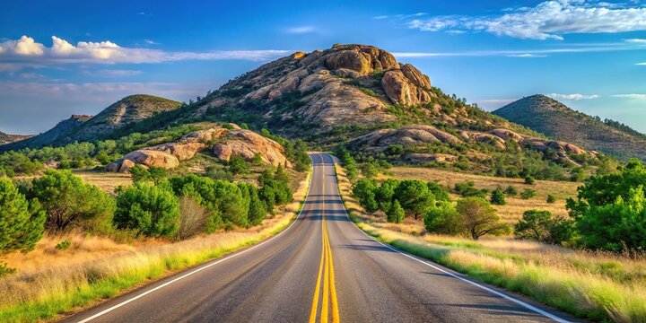 Paved road leading to Mt Scott in the Wichita Mountains Wildlife Refuge, Southern Oklahoma