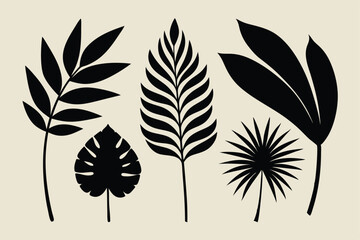 Set of black palm leaves foliage, flat vector illustration