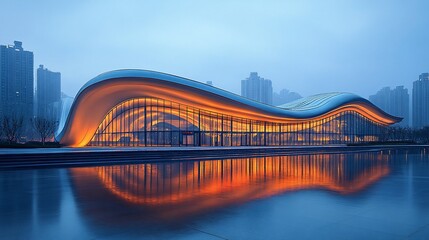 A modern architectural building with a flowing design, illuminated against a twilight backdrop.
