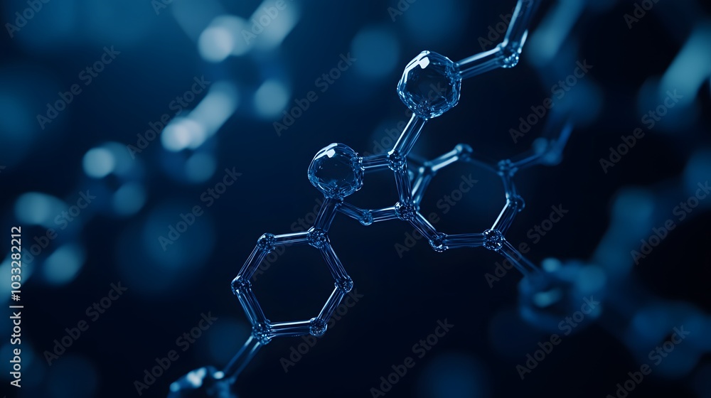 Poster a close-up of a molecular structure with hexagonal and pentagonal rings.