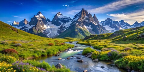 A Serene Meadow Encircled by Majestic Peaks, Adorned with a Flowing Stream and Vibrant Wildflowers