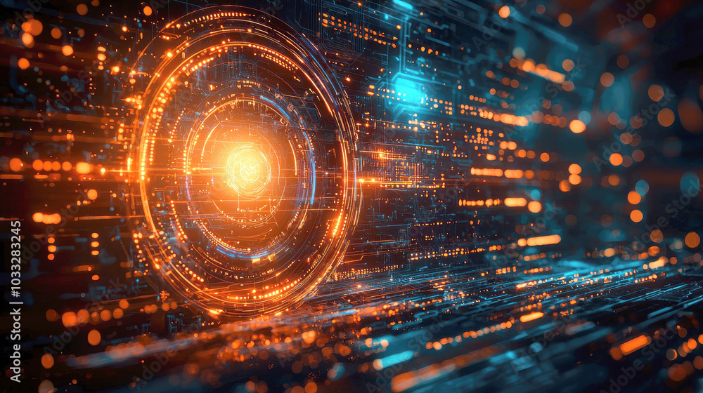 Aufkleber abstract digital artwork featuring glowing orbs and flowing data streams.