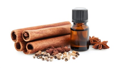 Aromatic cinnamon sticks and essential oil on white background. 