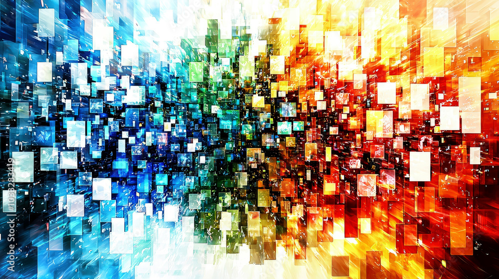 Poster abstract digital artwork showcasing vibrant colors and dynamic shapes, symbolizing data flow.