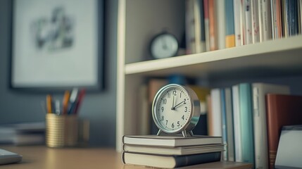Modern Desk with Clock and Bookshelf