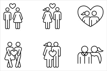 Bride and groom line black icon set. Wedding ceremony on white background