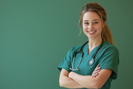 Confident nurse with stethoscope smiling in scrubs standing in front of a green background