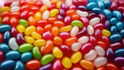 Macro Shot of Colorful Assorted Jelly Beans with Glossy Coating, Highlighting Bright Vibrant Colors and Smooth Textures, Perfect for Candy Advertising, Confectionery Branding, or Festive Celebration 