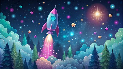 A whimsical rocket ascends through a starry sky, leaving a trail of shimmering dust as it embarks on a magical journey above a forest of evergreen trees and fluffy clouds.