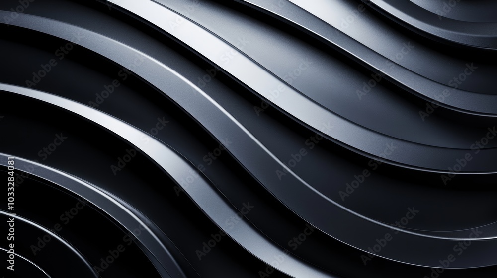 Poster a close-up of sleek, dark wavy metal strips, creating a dynamic pattern that emphasizes texture and 
