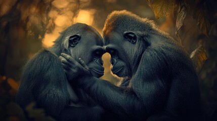 Two gorillas in a loving embrace, their foreheads touching, creating a heart shape against a warm, blurry background.