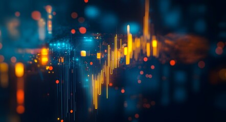 Stock market candlestick chart with a global map background, in blue and yellow colors, against a dark blue background, with a blurred background, 
