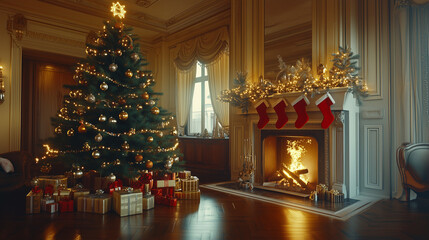 Fototapeta premium An elegant Christmas tree in a warm living room, decorated with classic gold and silver ornaments, there are presents under the tree, a burning fireplace in the corner with red socks hanging on it