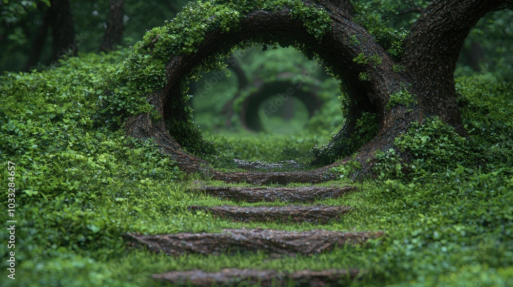 Poster enchanted forest path with circular tree trunks magical nature scene