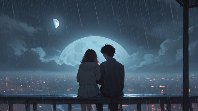 lofi couple night love rain moon passion