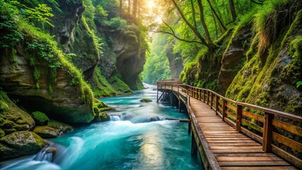 A Serene Wooden Pathway Through A Lush Green Canyon With A Crystal Clear Stream Flowing Beneath