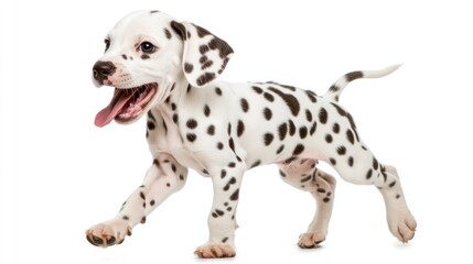 A cute Dalmatian puppy with black spots walks on a white background with its tongue out.