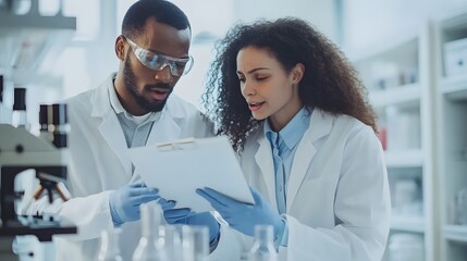 Two Scientists in Lab Coats Review Documents