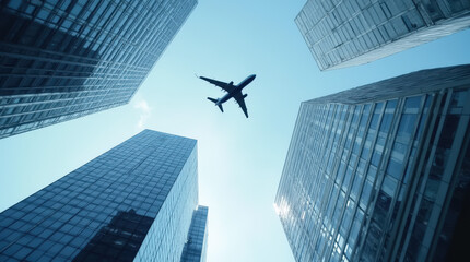 Airplane Flying Over Urban Cityscape and Skyscrapers | Aerial Urban Photography with Plane in City and Building Background