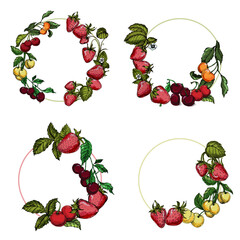 Circle frame with strawberry and cherry. Hand drawn round line border, leaves and flowers, wedding invitation and cards, logo design and posters template. Elegant minimal style floral.