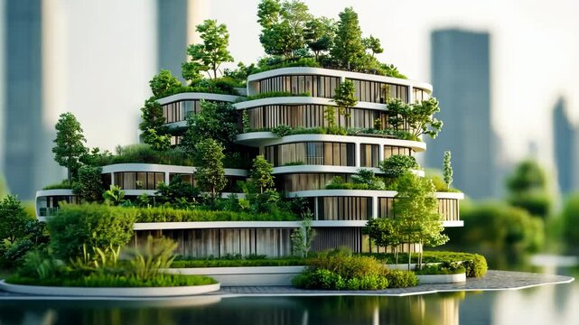 A modern, multi-story building with green roofs and landscaping sits on a small island in a city