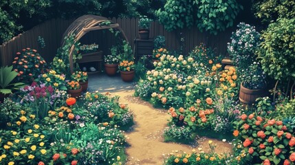 A colorful flower garden with a wooden fence.