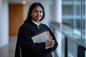 Professional Indian lawyer in black robes holding legal books, prepared for courtroom defense