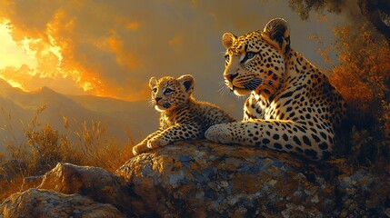 Obraz premium A serene scene of a leopard and its cub resting on a rock during sunset.