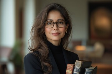 Focused Indian female lawyer in glasses holding legal books, prepared for courtroom challenges