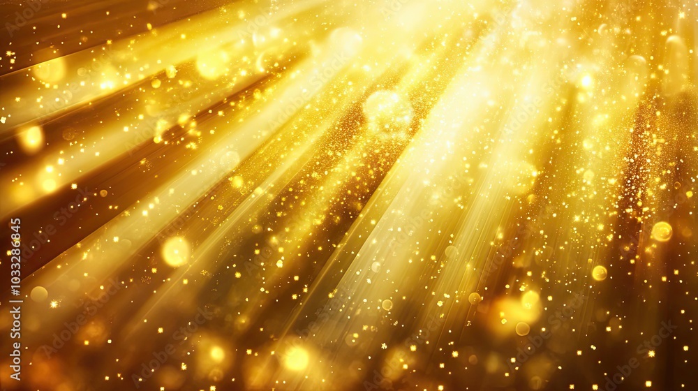 Poster golden light rays with sparkling glitter and bokeh effects